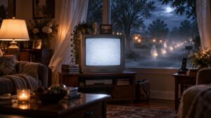 Warmly lit living room with a static-filled CRT television, DVDs, and a lamp, facing a moonlit suburban street where two glowing ghostly figures stand in the mist.