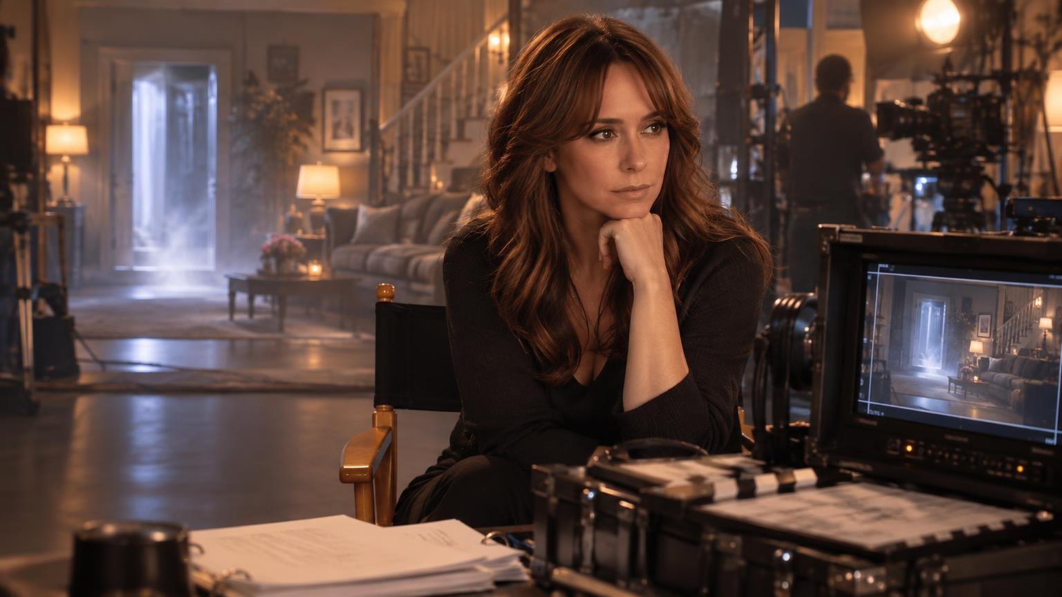 Warm, cinematic image of a brunette woman seated in a director-style chair on a softly lit living-room set, resting her chin on her hand beside a camera monitor, clapperboard, and papers; a misty doorway and crew silhouette appear in the background.