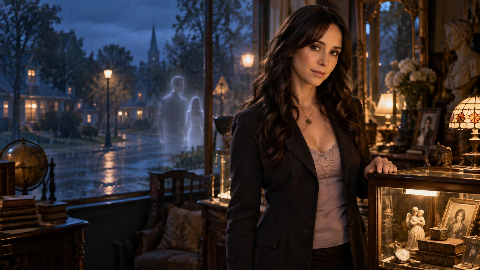 Warm cinematic portrait of a dark-haired woman standing in an antique-filled room at night, with softly glowing lamps, a rainy suburban street outside, and two translucent ghostly figures visible through the window.