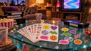 Glossy 1990s-style living room movie-night scene with VHS tapes, popcorn, patterned paper cups, a glowing CRT television, and colorful retro sticker sheets spread across a glass table.
