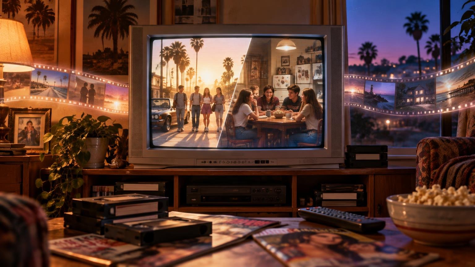 Warmly lit retro living room with a CRT television showing a split scene of teens walking along a palm-lined street and friends gathered around a kitchen table, surrounded by VHS tapes, a remote, popcorn, and filmstrip images.