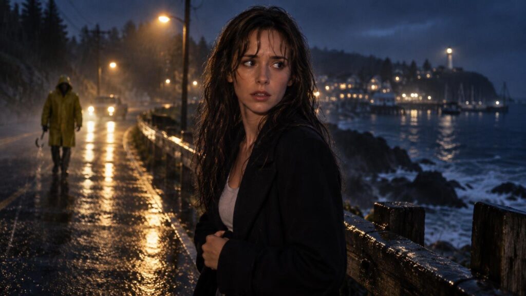 Cinematic night scene on a rain-soaked coastal road: a worried dark-haired woman stands in the foreground while a figure in a yellow raincoat holding a hook approaches in the distance; harbor lights and rough water glow behind them.